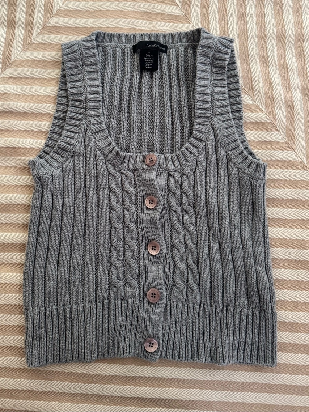 Calvin Klein Grey Cable Knit Button-Front Cotton Sweater Vest